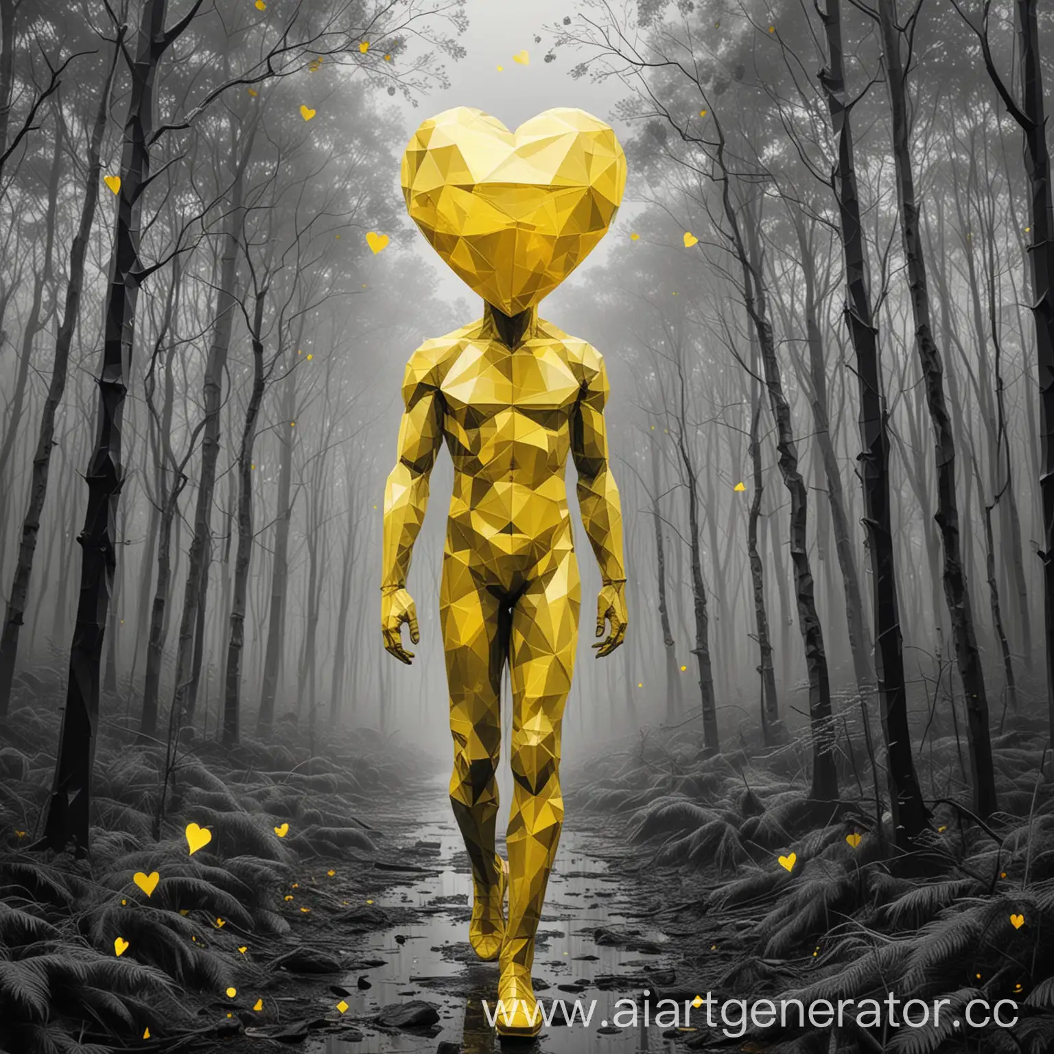 Geometric-Drawing-of-Yellow-Transparent-Man-Holding-Bright-Yellow-Heart-in-Black-Forest