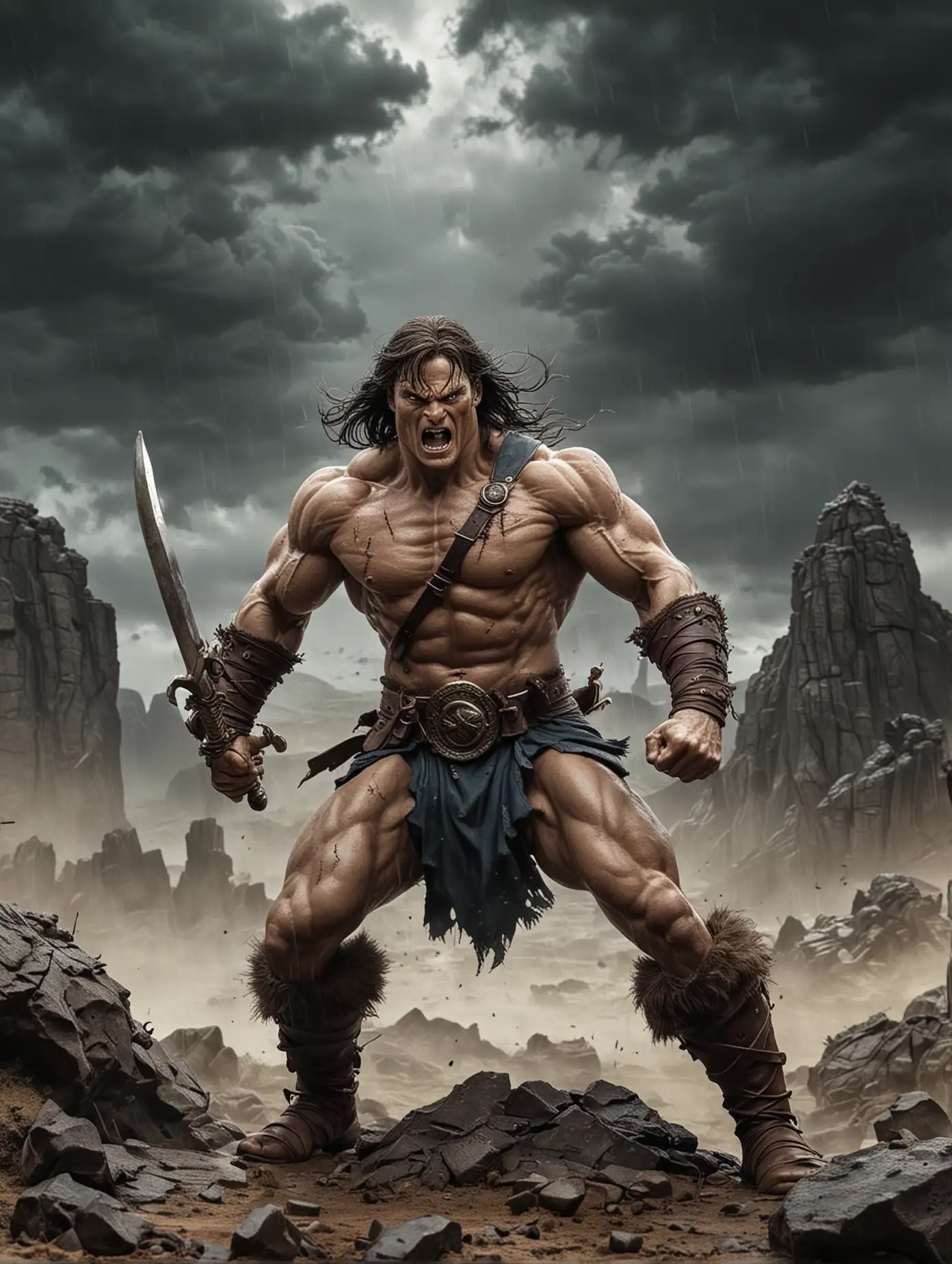 Conan in Action on a Stormy Battlefield