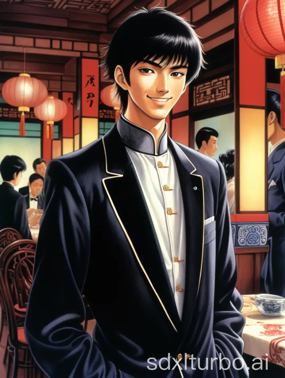 A twenty-year old, slim Chinese man, in formal Chinese clothes made of black silk, stands and gives a polite thin smile at the viewer, while nodding ever so slightly. There is caution in his eyes, but his hands are together in a greeting. In the background the interior of a dimly lit fancy Chinese restaurant can be seen. Cell-shaded style, eighties anime.