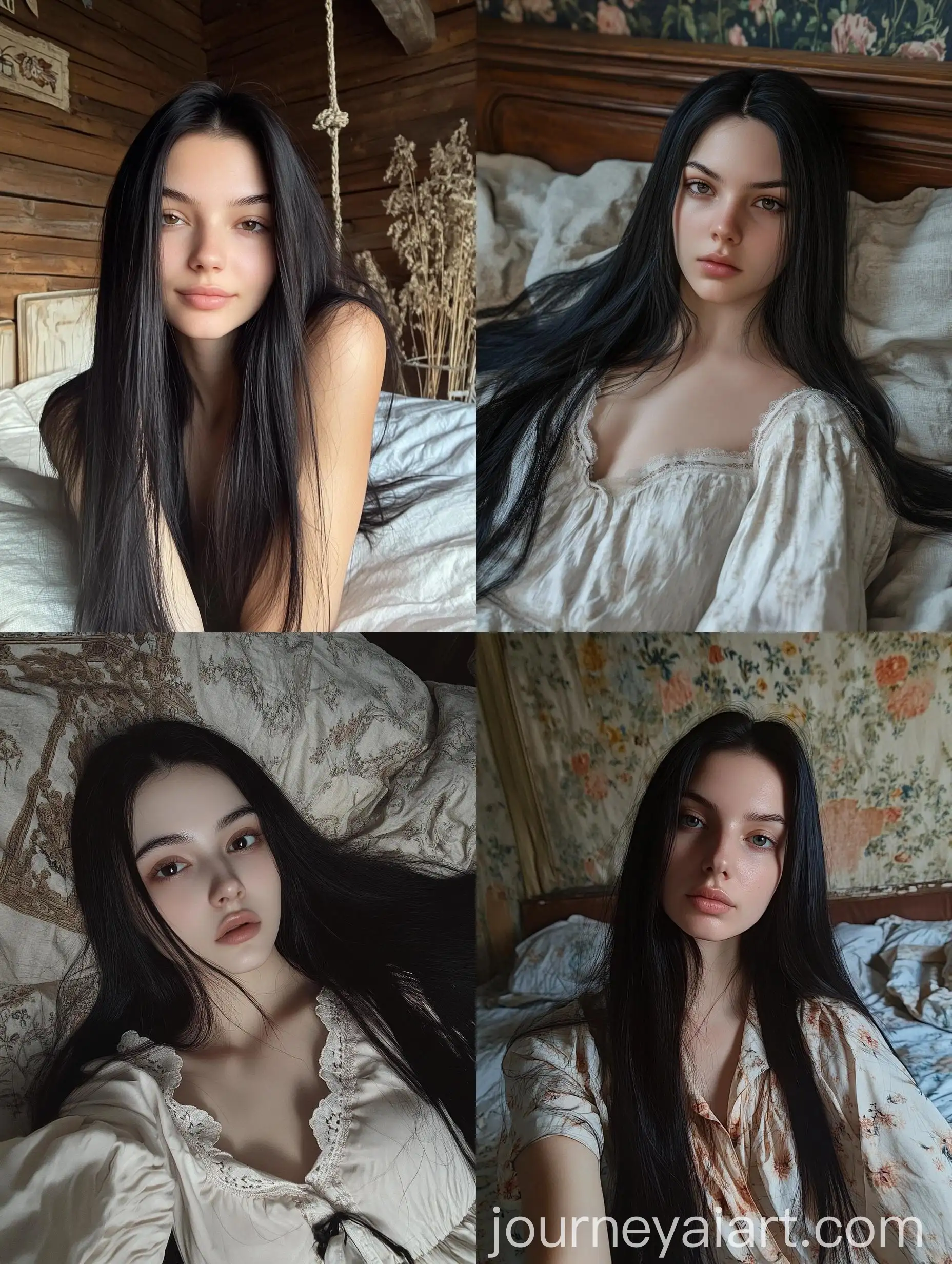 Ukrainian-Young-Woman-with-Straight-Long-Black-Hair-in-Old-Bed