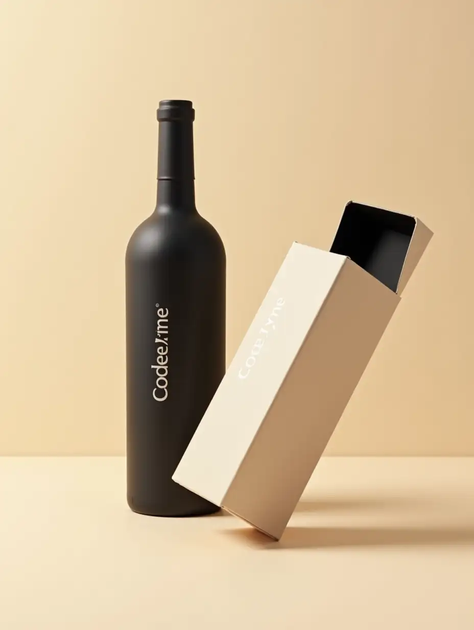 Two minimalist product packaging designs are displayed against a soft, cream background. Each packaging is as large as a wine bottle. The bottle has vertical labels 'CodeTyme.' The left package is a black cylinder. The right package has an ivory sleeve revealing an interior box that is black. The image is from a top-down perspective and close up. The packages are positioned at an angle, jutting out of the frame, casting subtle shadows and conveying an elegant and clean design. The lighting is soft and diffused, enhancing the warm earth tones and emphasizing the textured surface of the packaging. The composition suggests sophistication and eco-friendliness, with a modern aesthetic. The bottle has vertical labels 'CodeTyme.'