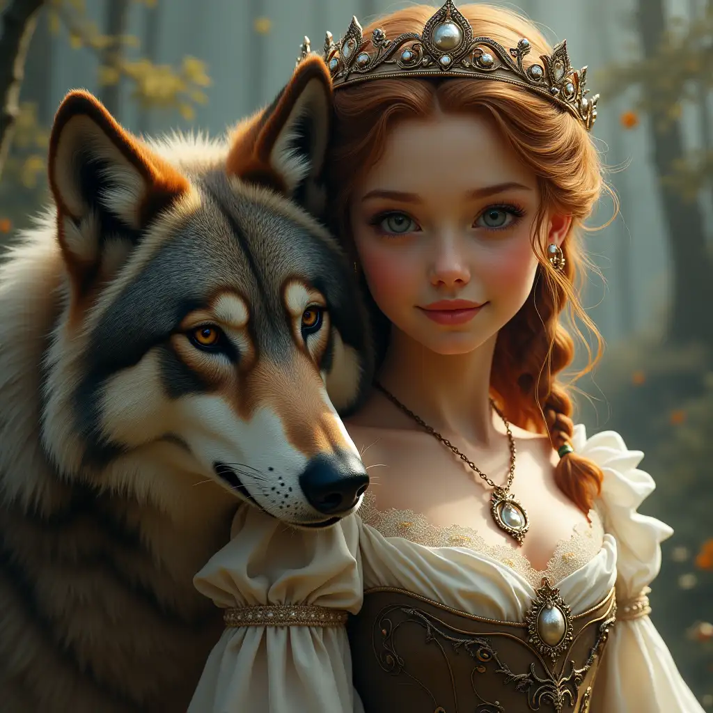 A ultra-detailed hyperrealistic digital painting of a princess with a wolf featuring impeccable attention to texture, surface and lighting, conveying depth, dimension, and a photorealistic appearance.