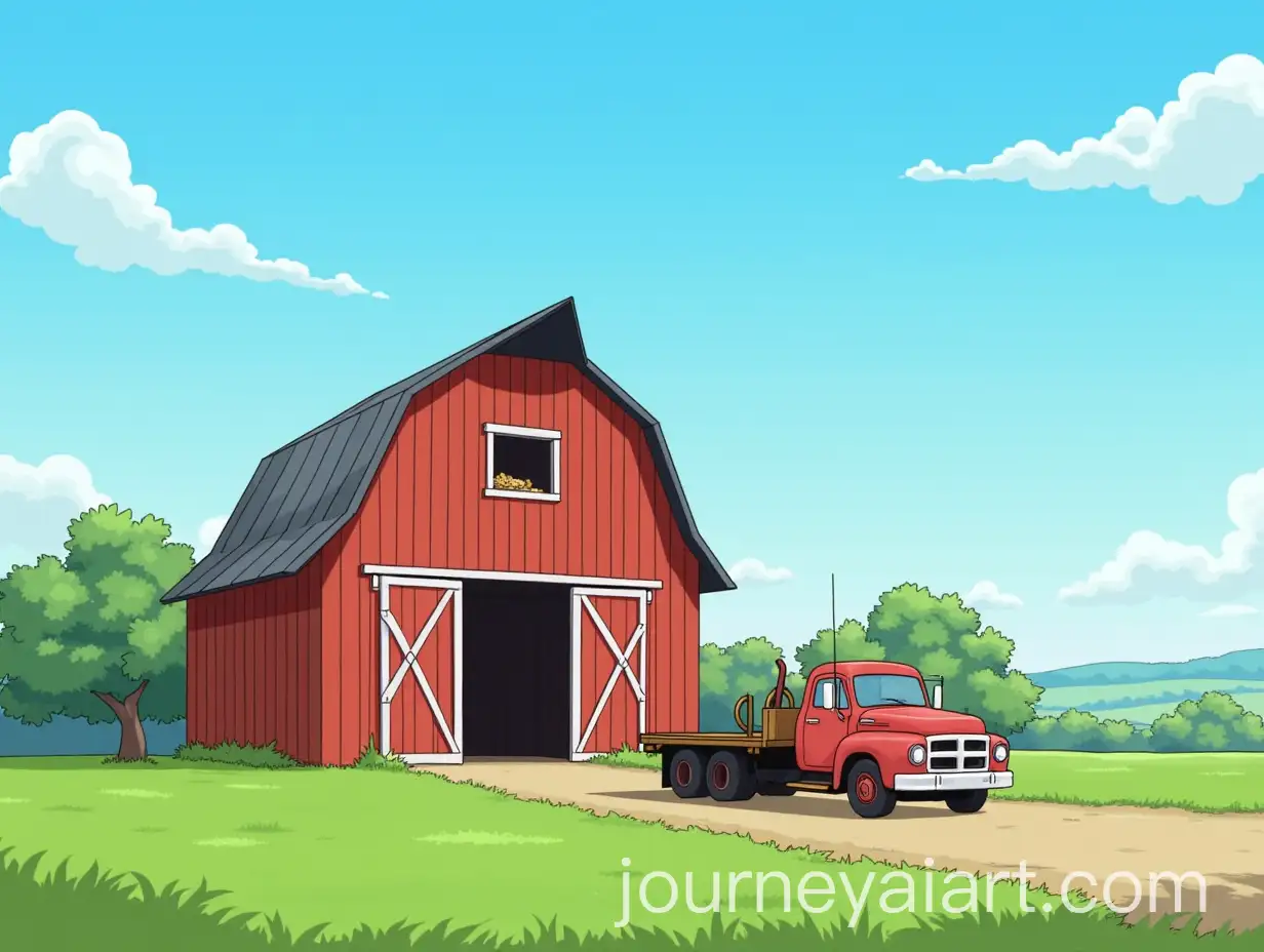 Anime-Barn-in-Countryside-Landscape-with-Parked-Truck