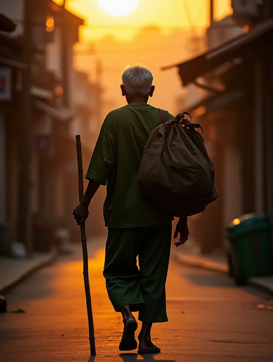 Silhouette, long shot, an old man with white hair, wearing a green cloth outfit, carrying an old bag on his back, holding a bamboo stick in his right hand, walking on a street with setting sun.