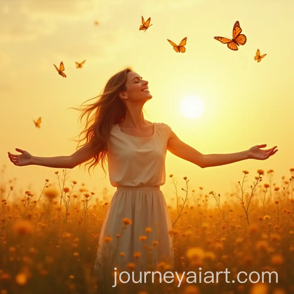 Woman-Embracing-the-Morning-Breeze-in-a-Sunrise-Field-with-Butterflies-and-Wildflowers