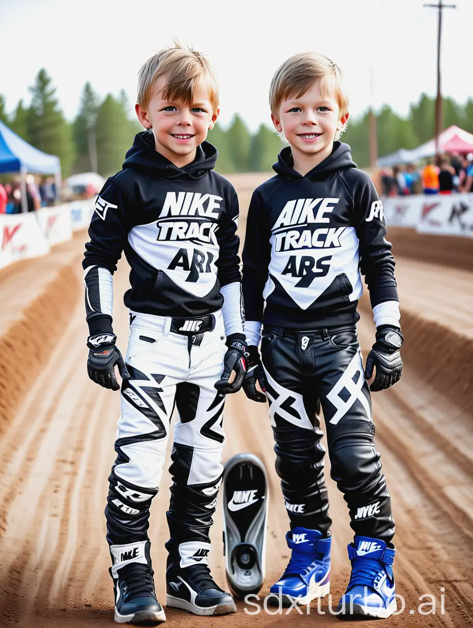 two cute athletic seven-year old Nordic boys wearing FXR Racing motocross pants and NIKE Aiir Jordan high top sneakers, proudly shows off defined chest and V-line abs at dirt track, best friends