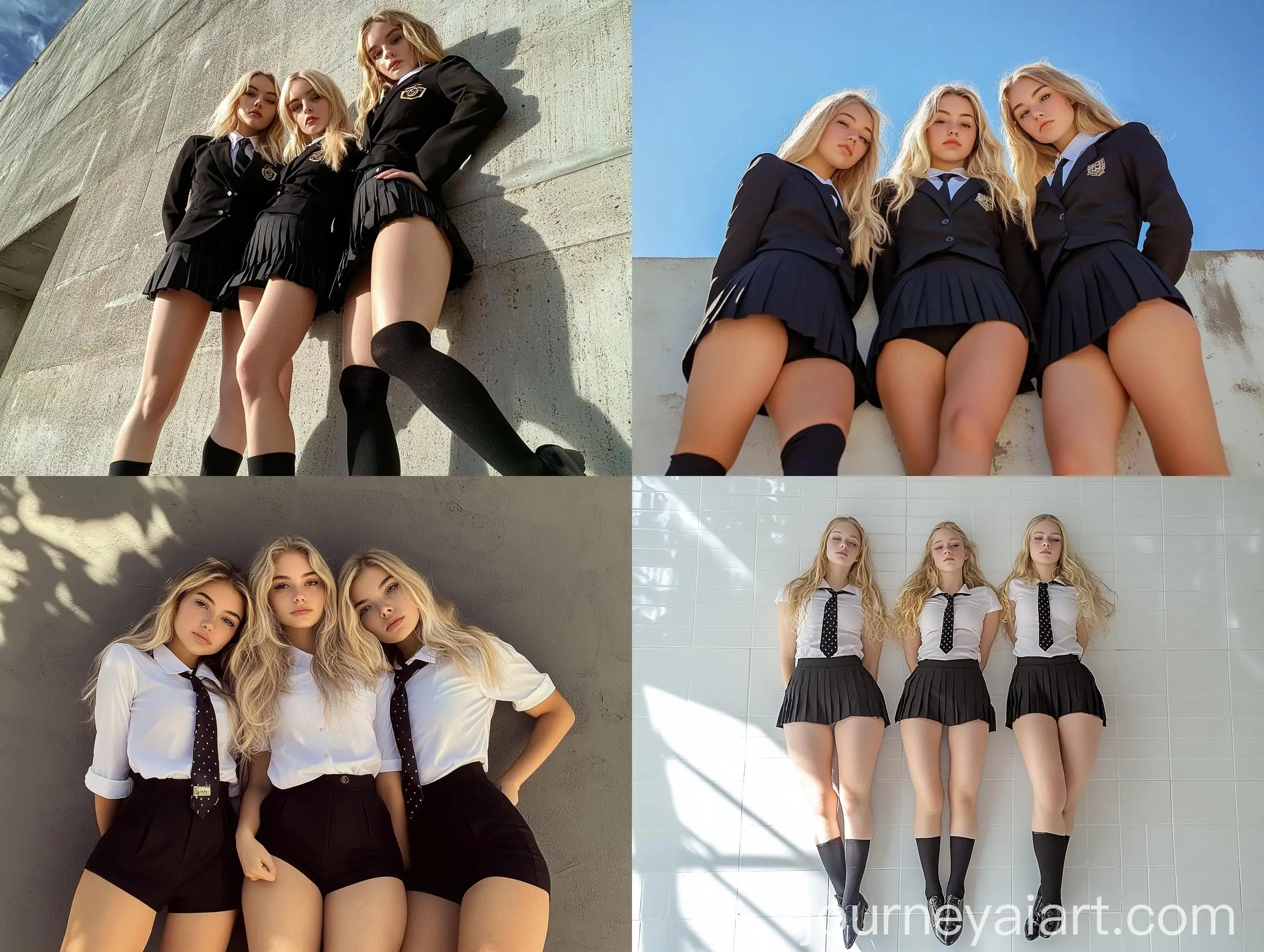 Three-Blonde-Women-in-School-Uniforms-Posing-at-Photography-Studio