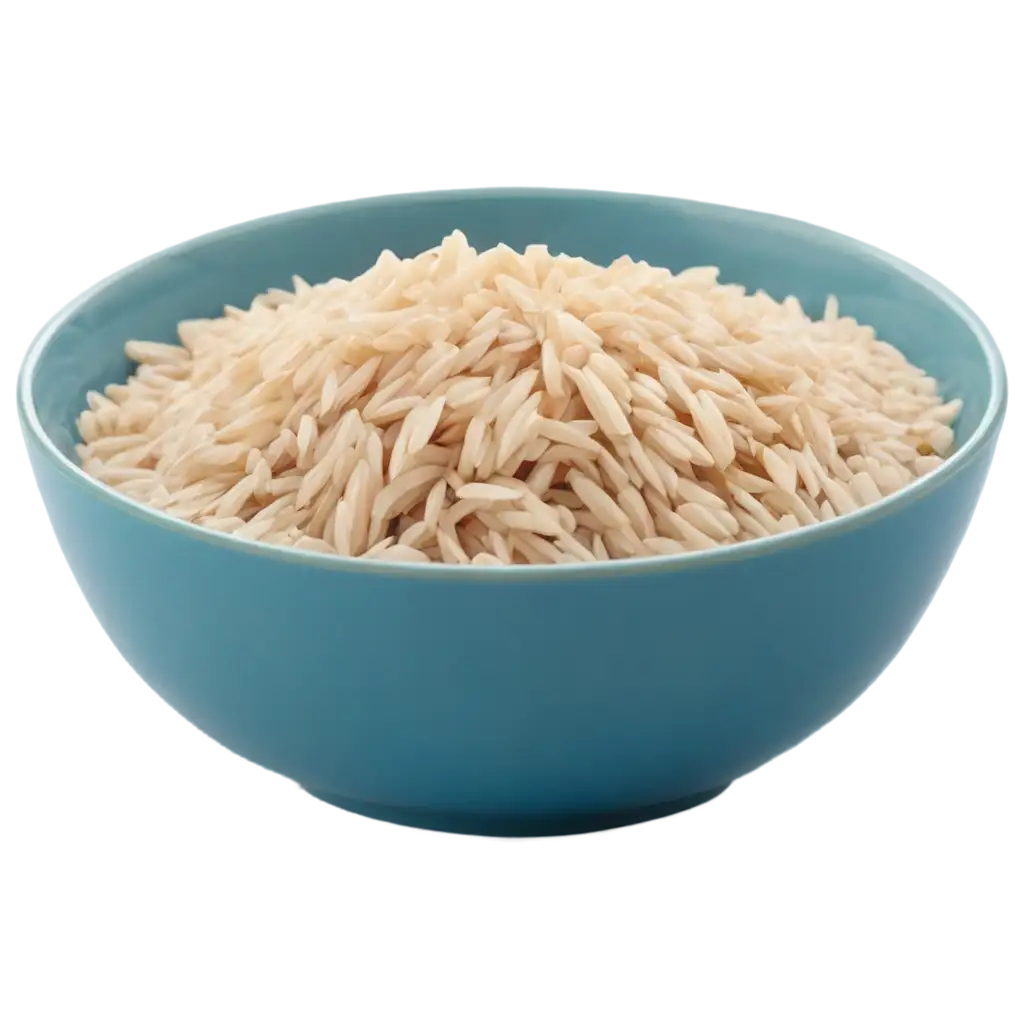 Create a high-resolution PNG image featuring a vibrant blue bowl filled with long-grain rice. The bowl should be centered in the image with a top-down perspective. The rice grains should appear distinct and neatly arranged, showcasing their length and texture. Ensure the background is transparent to allow for versatile use in various designs. The lighting should be soft and even, highlighting the natural color of the rice and the rich blue hue of the bowl. And make long-grain rice.