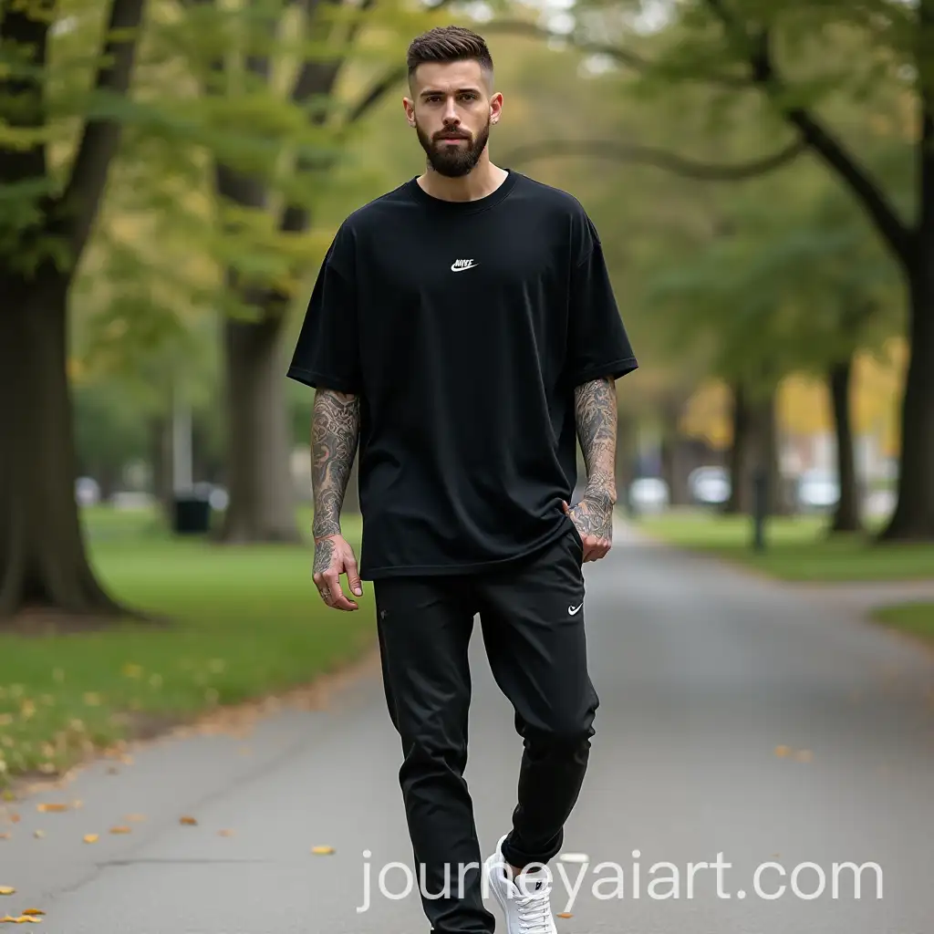 Tattooed-Man-in-Black-Oversized-TShirt-and-White-Sneakers-Relaxing-in-a-Park