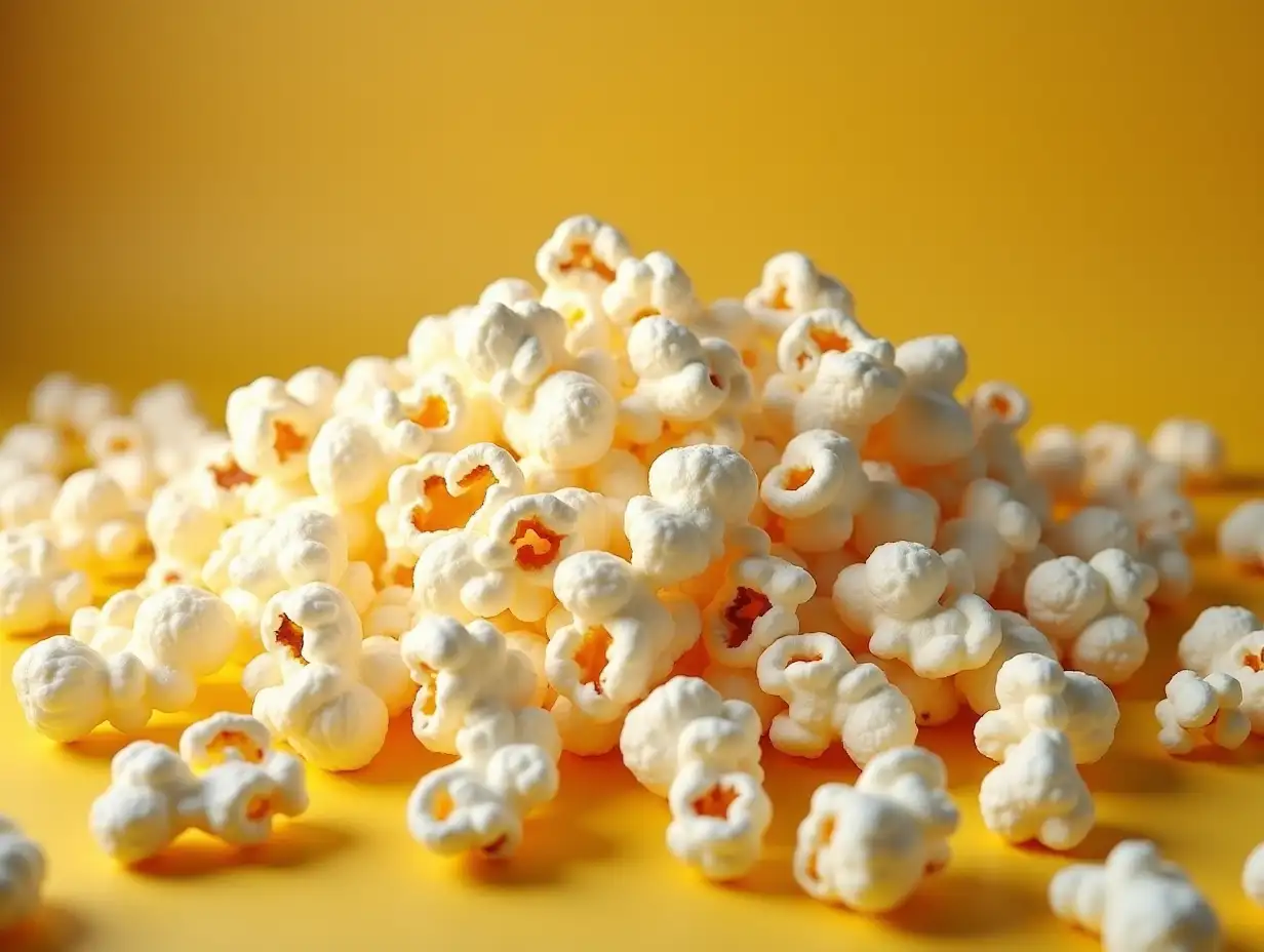 The scene emphasizes a generous abundance of popcorn, with a focus on its presence—lots and lots of popcorn