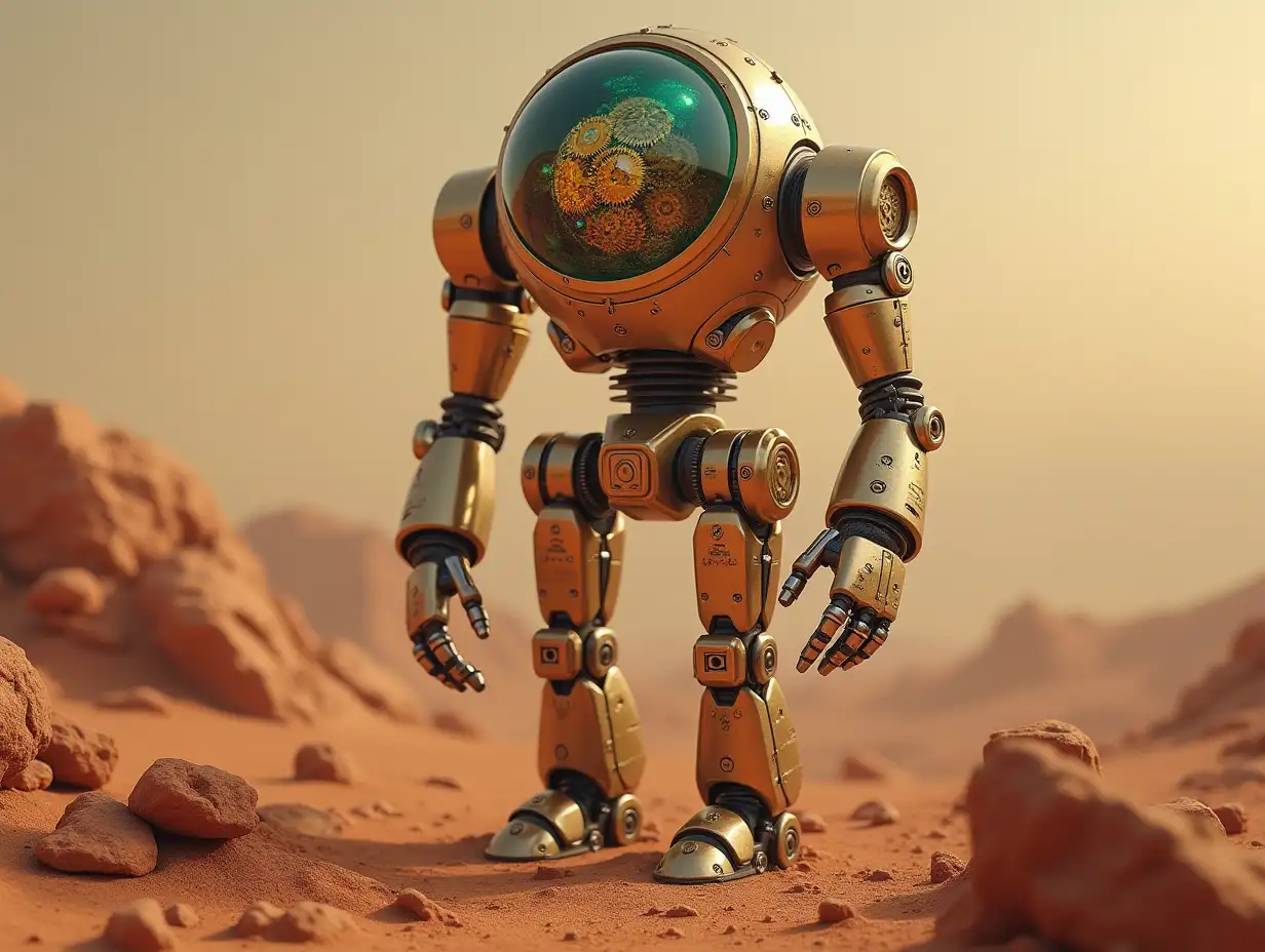 Create a high-resolution, realistic image of artificial intelligence Robert, two meters tall, with gears on arms and legs, gears on cheeks and a glass head with visible gold plated brain, screws with many gears, on Mars in 4k resolution with rocks with