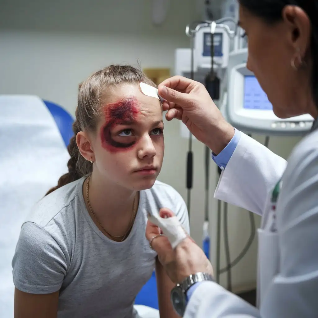 Teen Girl in Doctors Office Getting Treatment for Fight Injuries