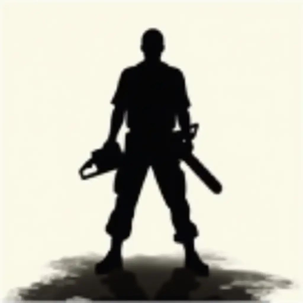 A silhouette of a person standing straight with a chainsaw in hand, facing forward. The figure is bold and strong,The chainsaw is held confidently, symbolizing control and power, with the person's posture conveying a sense of determination and purpose.