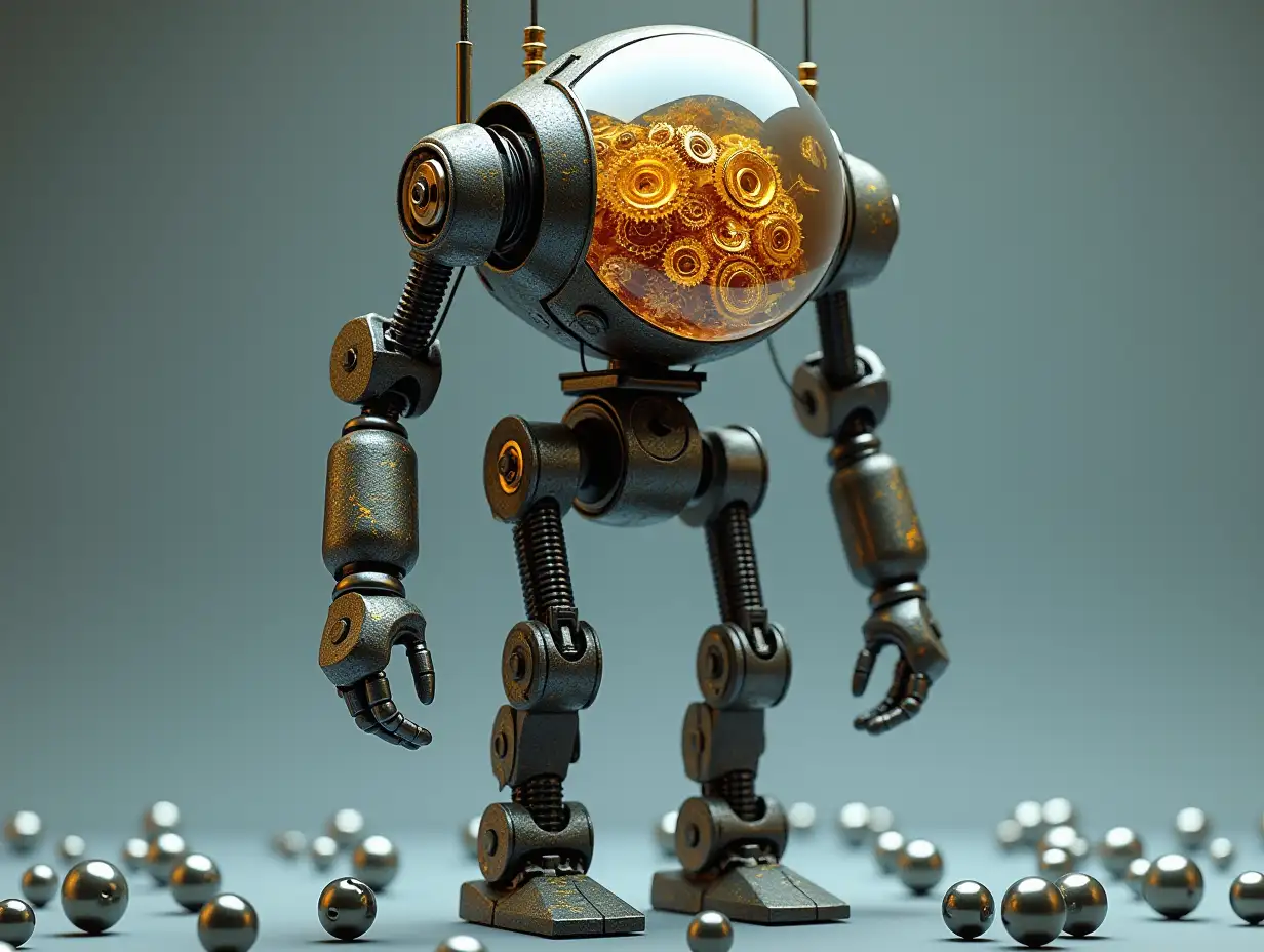 Create a high-resolution, realistic image of artificial intelligence, a humanoid mixture with Fractals pattern, two meters tall, with headphones on arms and legs, gears on cheeks and a glass head with visible gold plating brain, screws with many gears, and many small glass balls on the floor in 4k resolution.