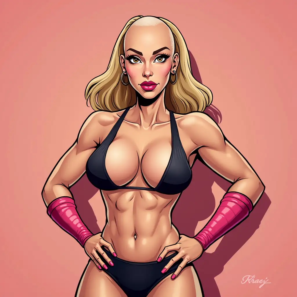 create a comic style illustration of Bobbi Diamond, the bald femme wrestler, no hair, make-up, flat chest, non-binary, fully clothed, closed mouth, cel-shaded, illustration,