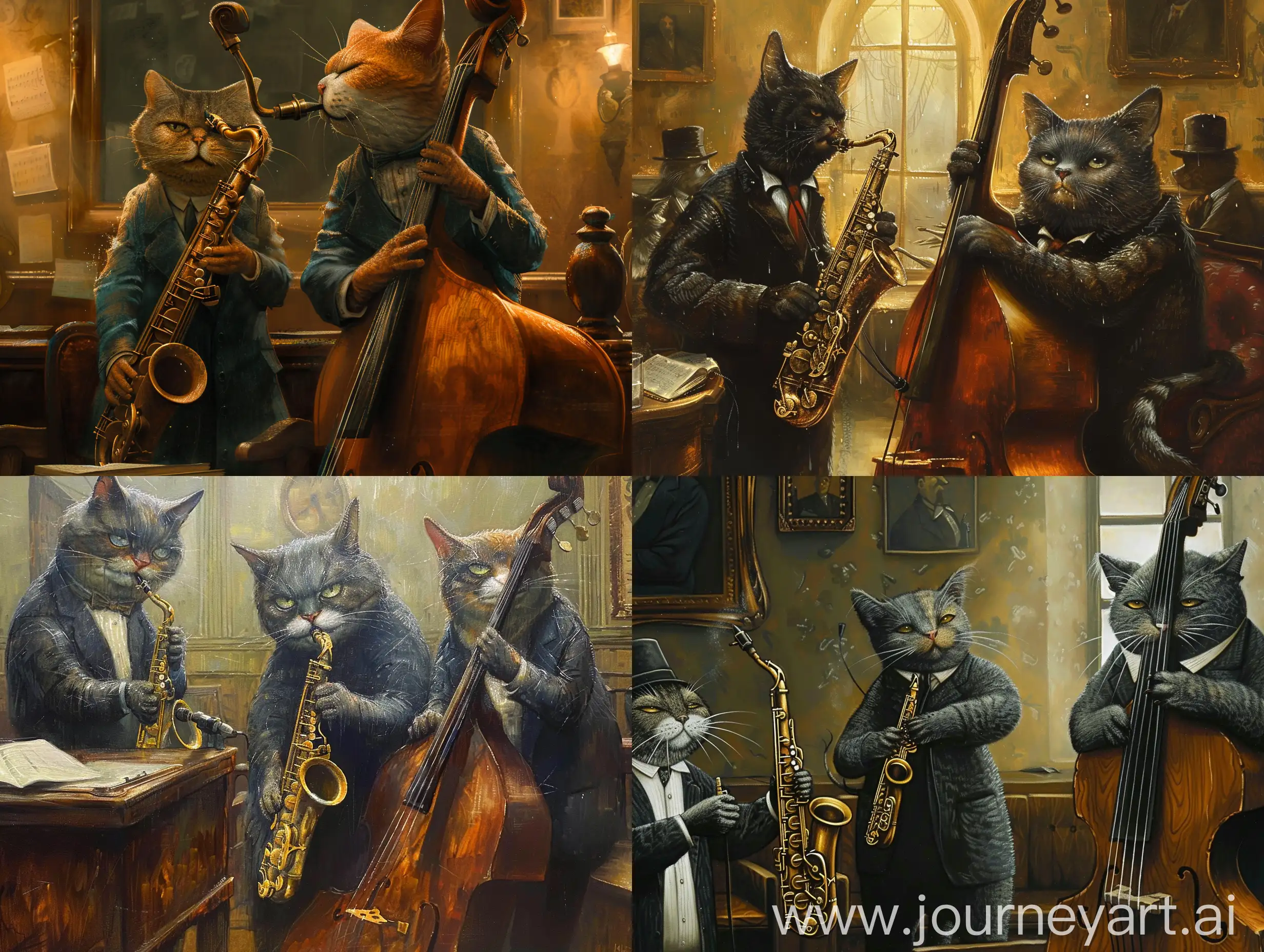 Gloomy-Cats-Playing-Jazz-on-Saxophone-and-Double-Bass-in-Courtroom