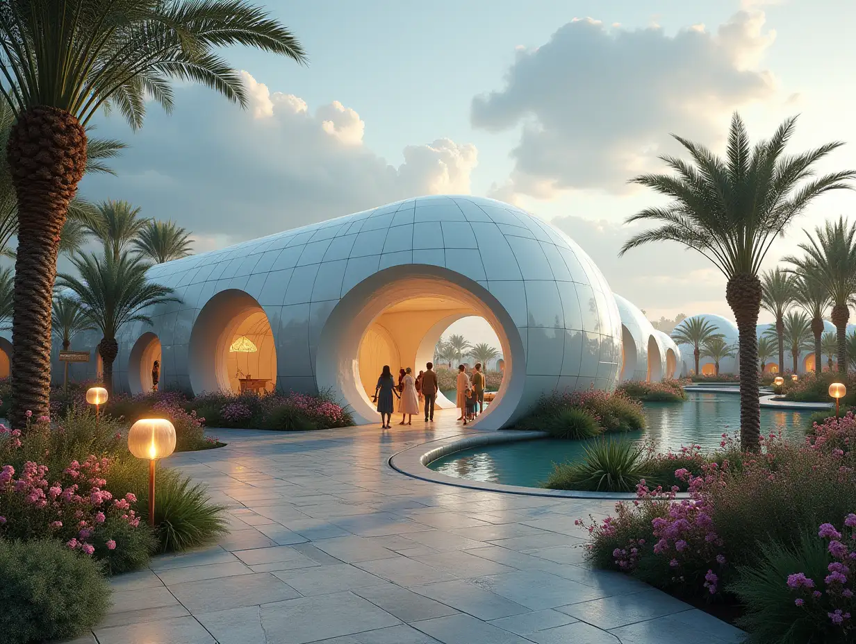 Create a high-resolution, realistic panorama image of a futuristic bubble palace with window bridge, one and people, many plants and colorful flowers facades before sidewalk lit lanterns desert oasis, big trees, very cloudy sky