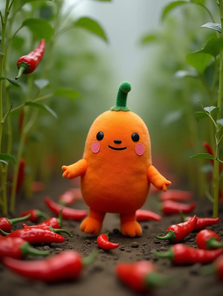 The image shows a small orange stuffed toy in the middle of a field of red chili peppers. The toy has a green stem and a round body with a small smiley face on its face. It is standing on its hind legs and appears to be dancing or dancing. The background is filled with green plants and there is a hint of smoke or steam rising from the ground. The overall mood of the image is playful and whimsical.