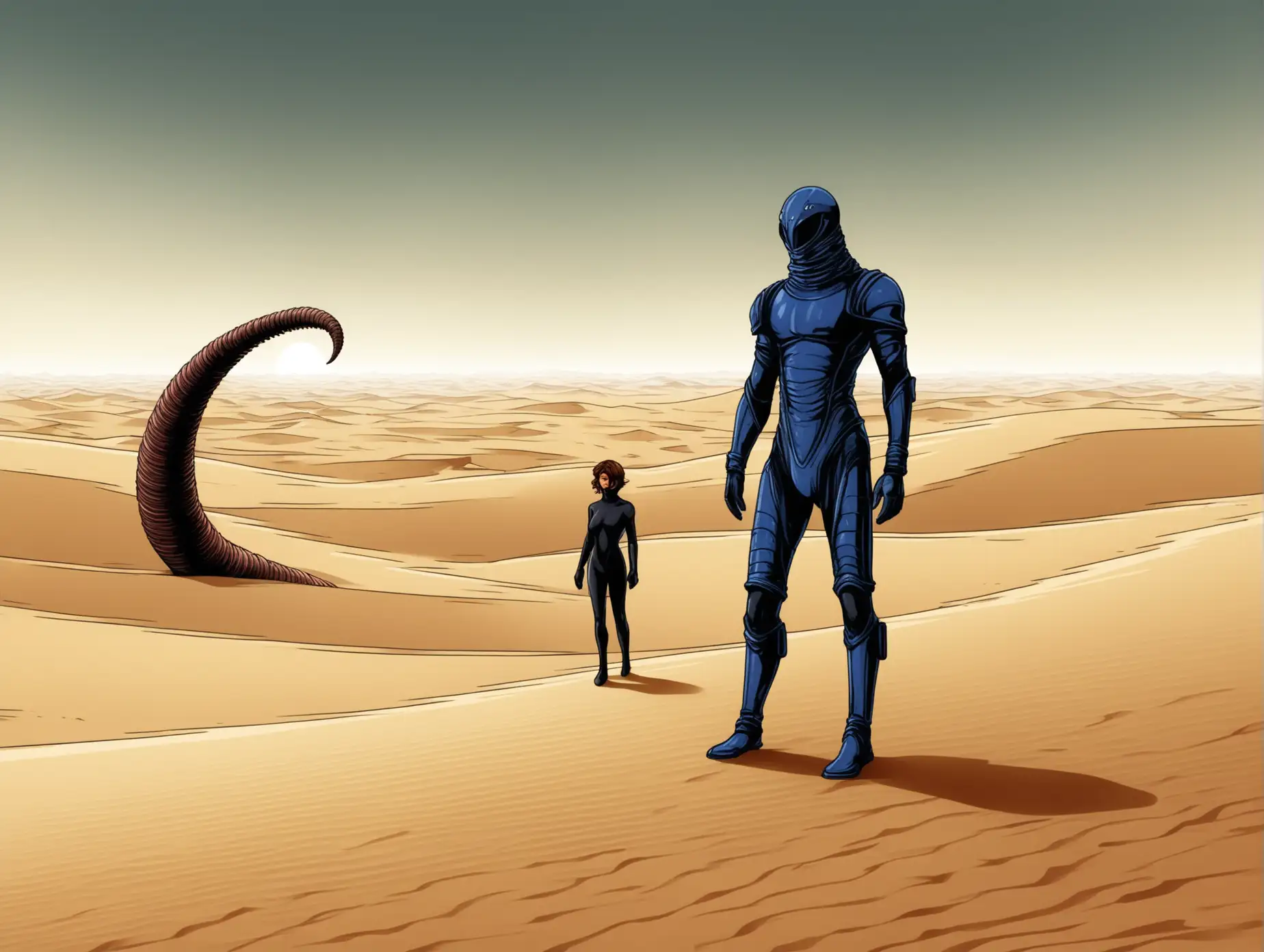 Paul Atreides, now dressed in a stillsuit—a tight, body-covering suit in shades of black and brown, with a mask that leaves only his intense blue eyes visible—treks across the endless dunes of Arrakis. Beside him, Lady Jessica, similarly dressed in a stillsuit, but with her auburn hair flowing freely and her eyes filled with both determination and worry. The vast desert stretches out in every direction under a scorching sun, with endless dunes and a faint, menacing shape of a giant sand-worm on the horizon. The scene captures the harsh, barren environment, with detailed textures of sand and fabric. Comic book style, with a focus on the characters’ resolve and the isolation of their journey.