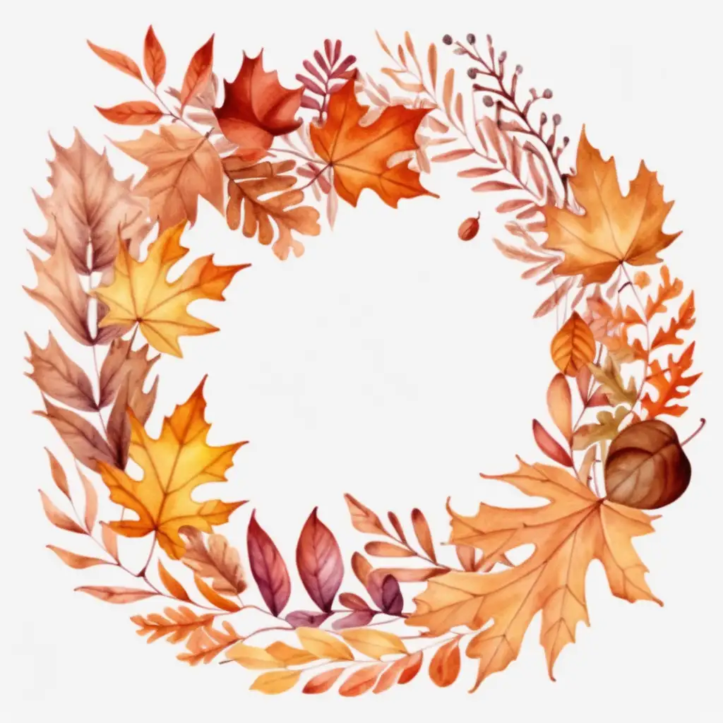 Aesthetic Watercolor Wreath of Autumn Leaves Clipart on White Background