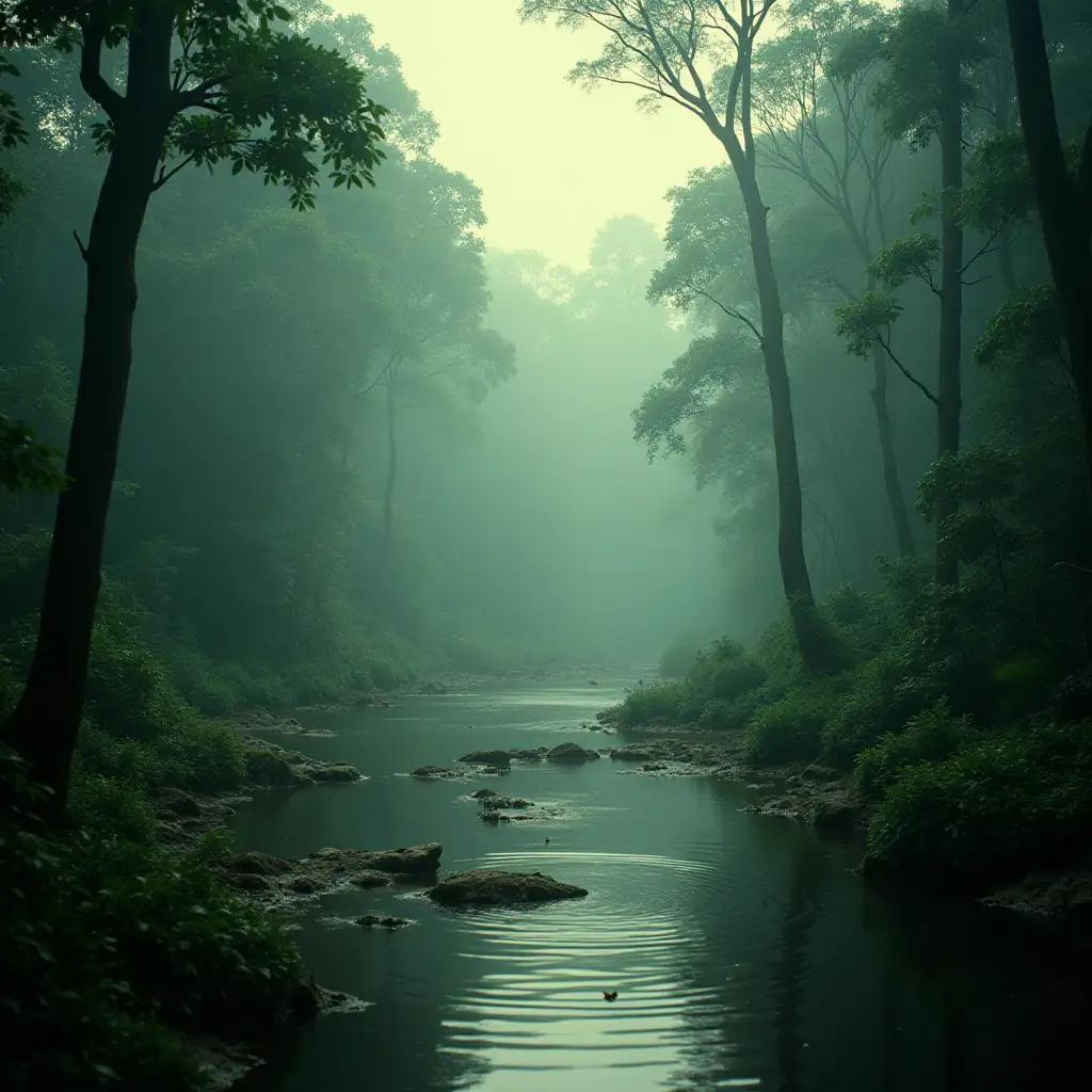 A dense jungle scene with towering trees and thick, misty air. A vast river winds through the greenery, with wildlife like exotic birds and crocodiles lurking nearby. In 1950s film screengrab 1950s super panavision 70 film stock 70 mm film scratches vintage retro beautiful cinematography in colour grainy ar 16:9 v.6.0