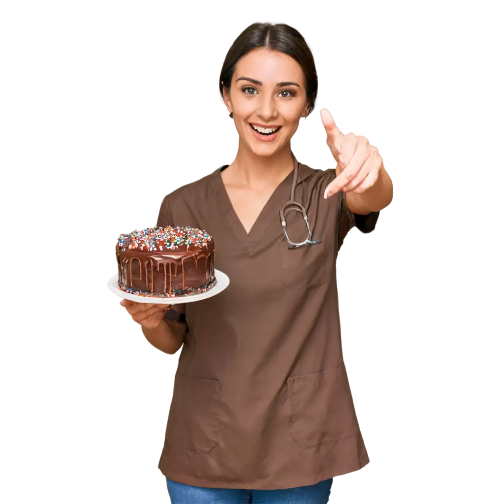 happy female doctor with a chocolate dripping cake