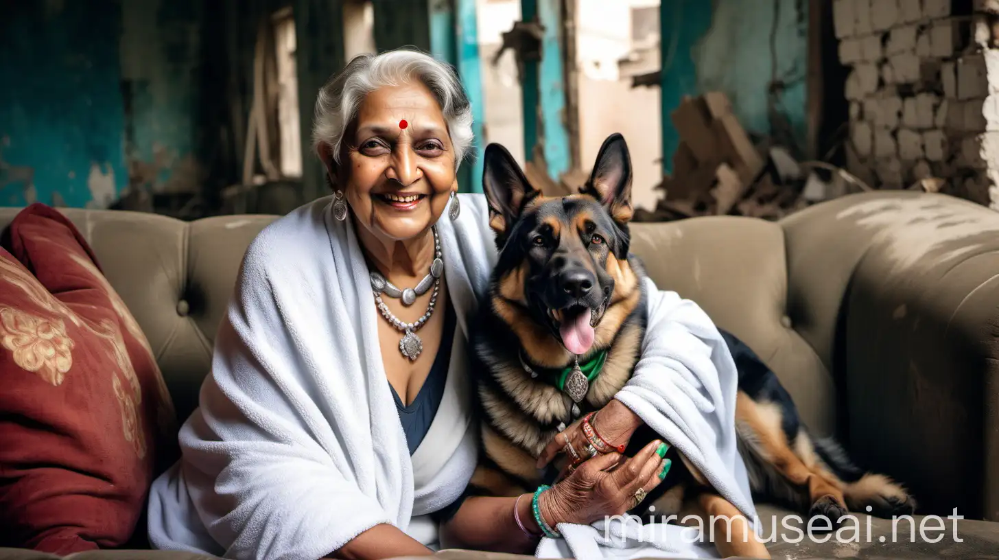 Elderly Indian Woman with German Shepherd in Abandoned Building