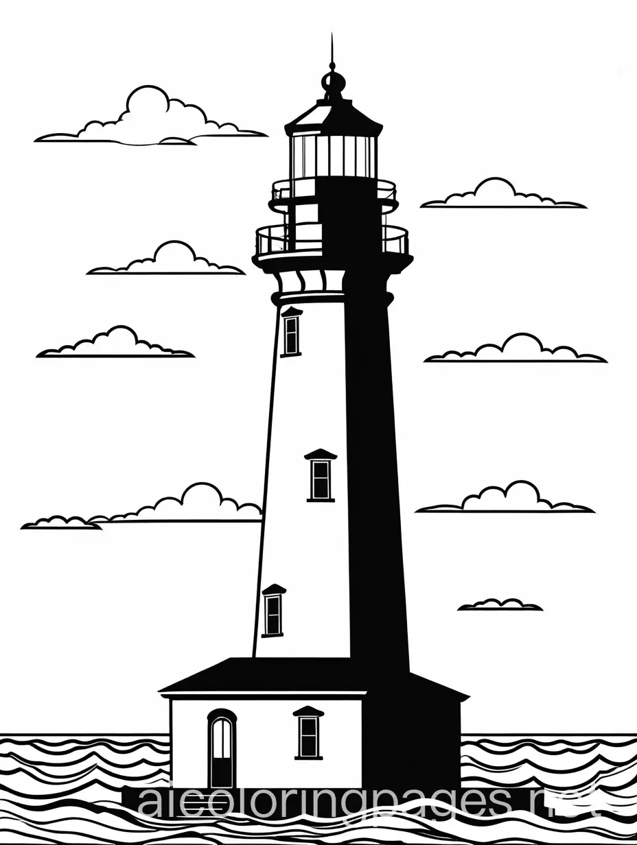 light house , Coloring Page, black and white, line art, white background, Simplicity, Ample White Space. The background of the coloring page is plain white to make it easy for young children to color within the lines. The outlines of all the subjects are easy to distinguish, making it simple for kids to color without too much difficulty