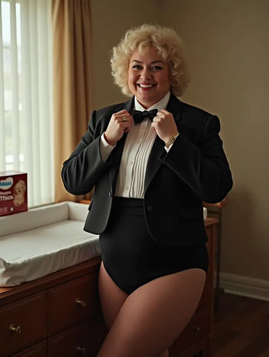 Caucasian-Woman-in-Formal-Orchestra-Tuxedo-at-Nursery-Changing-Table