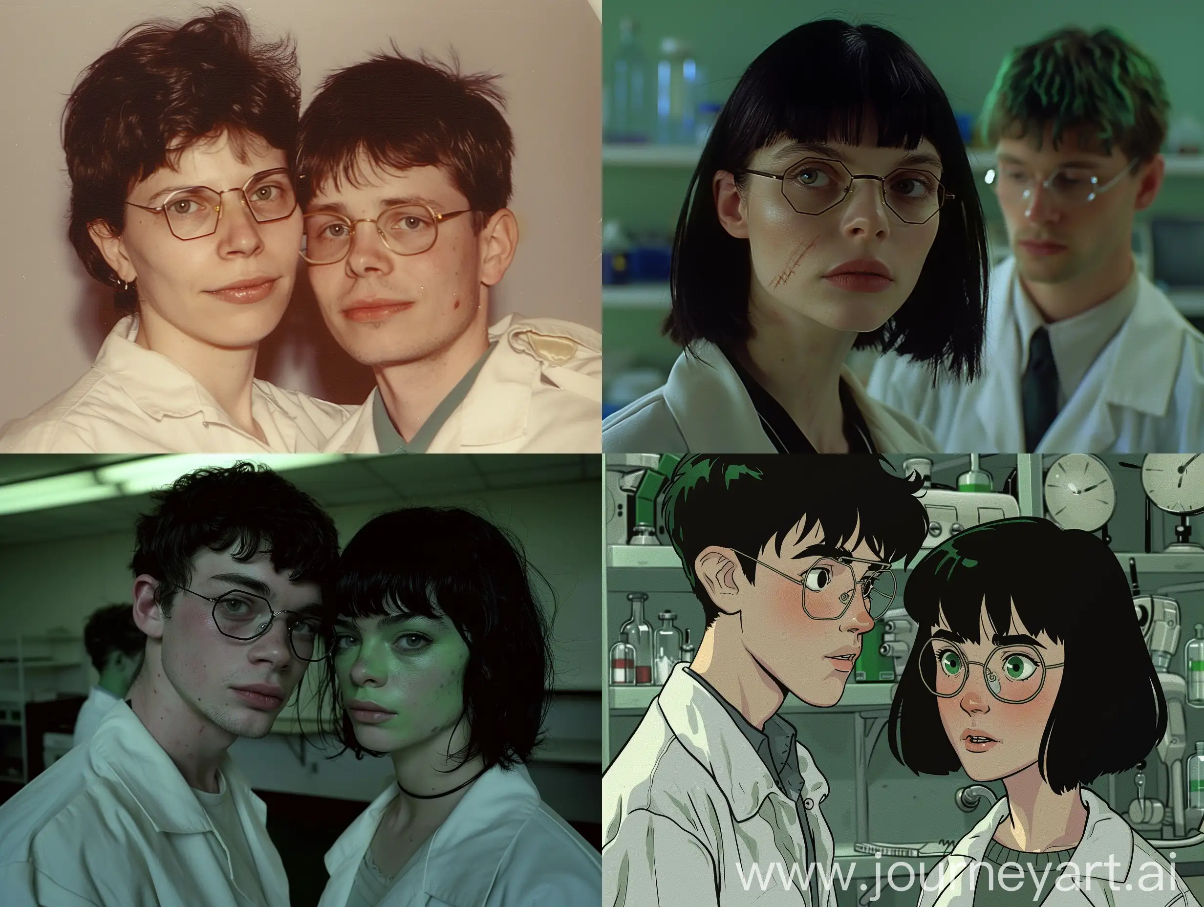 Portrait-of-a-Serene-Woman-with-Hexagonal-Glasses-and-a-Young-Man-in-Laboratory-Robes