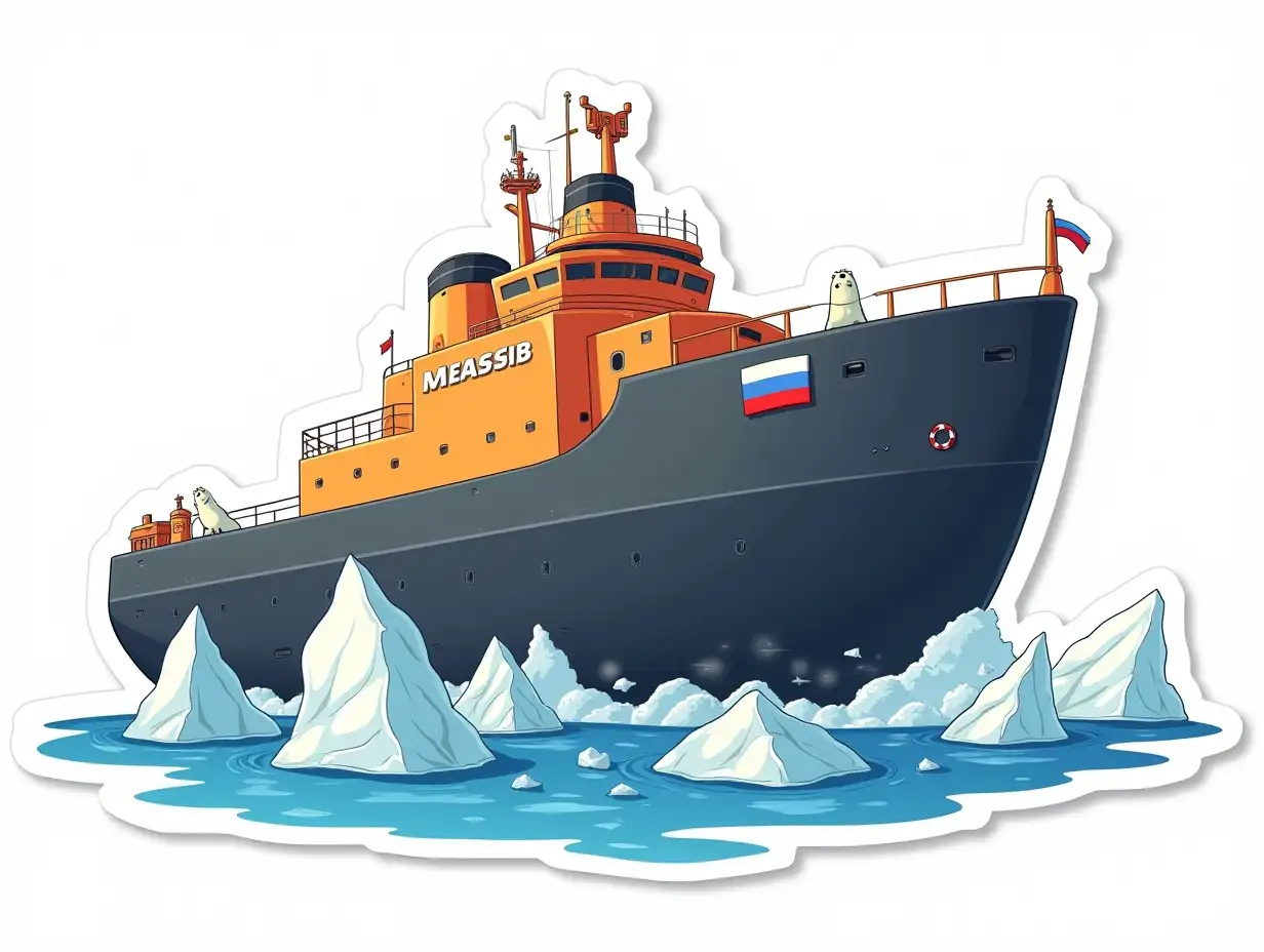 a huge icebreaker floating out of the ocean with icebergs, the lower part of the ship is black, the upper part is bright orange, the inscription on the deck superstructure is the Russian flag. there are small white seals on the ship in the image of sailors,  Sticker design - top view, high resolution, vector graphics, white background, anime-style coloring.