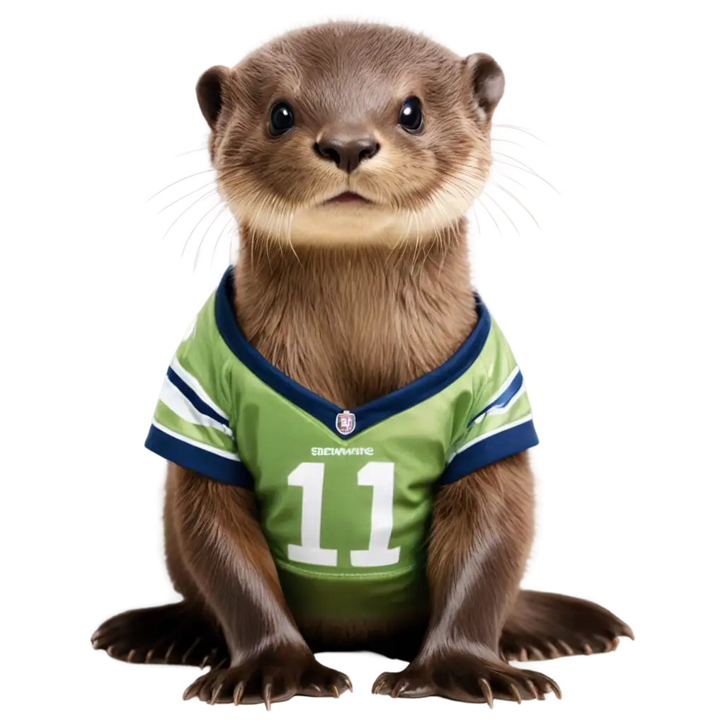 A baby otter wearing Seattle Seahawks football uniform