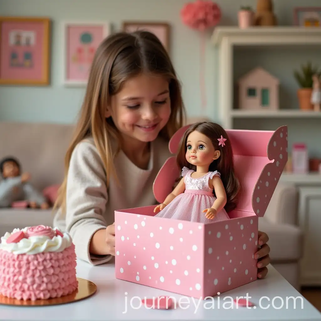 Mother-and-Daughter-Celebrating-with-a-Doll-and-Cake-in-a-Decorated-Room