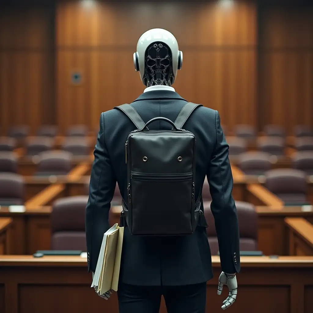 Lawyer with a backpack and papers, with the physique of a robot, in front of the court