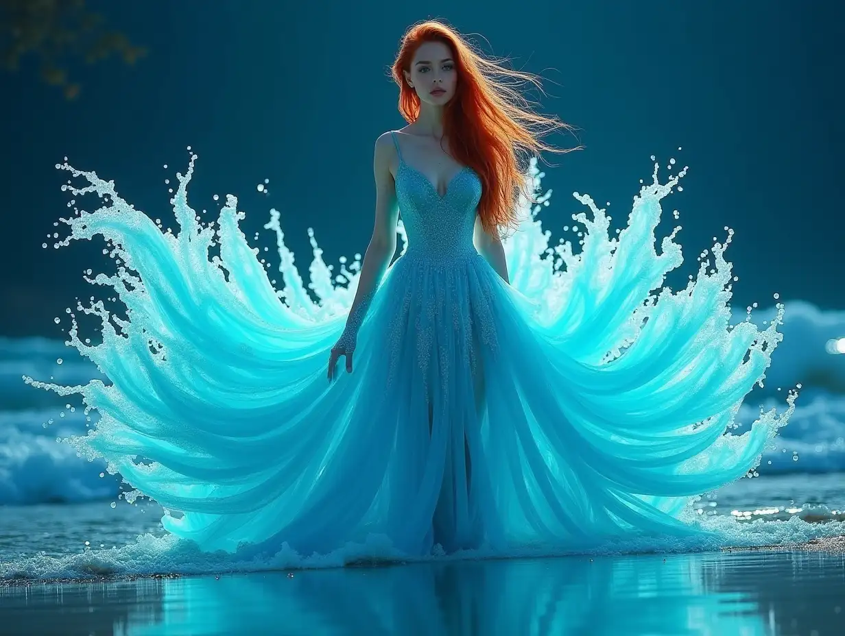 A stunning and surreal image of a redheaded girl wearing an intricate aqua dress made entirely of water waves, creating a mesmerizing and visually stunning effect. The girl is shown in a graceful pose on the seashore, and the water seems to flow out in a dramatic fan-like shape. This image can be created using the following vector. Woman in an elaborate aqua dress made entirely of water waves, thick and long hair, blue eyes, night, beautiful body, by Dmitry Kostanovich, Photoshop, Felicia Semyon, UHD image, Ekaterina Panikanova, shiny and bright, HDR, dynamic mode, 32 kb, sharp focus, illustration. by Sasan.