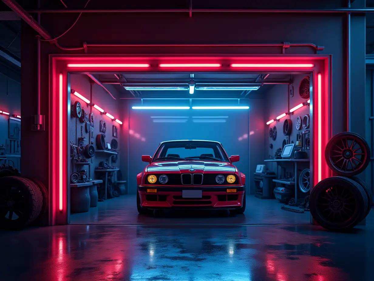 Create a super-clear image of a neon garage with a car in repair inside and various spare parts and wheels next to it.