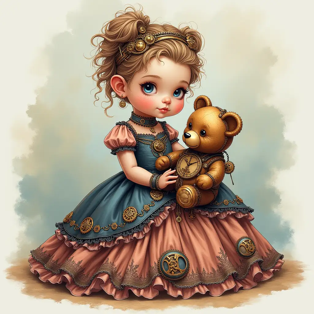 a hyperrealistic Steampunk Baby with an elaborate dress and a teddy bear made of metal and gears. the background having a mix of alcohol ink and watercolor.