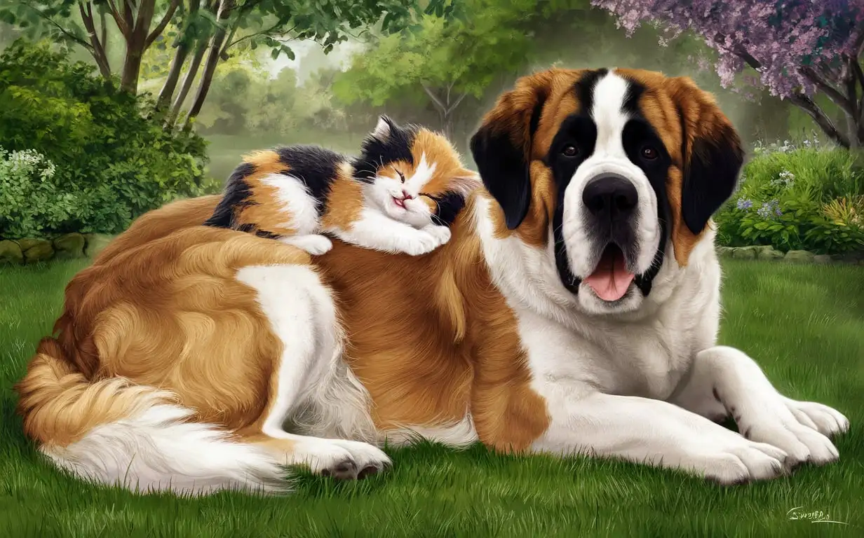 Calico-Kitten-Sleeping-on-St-Bernard-Dog-in-Garden