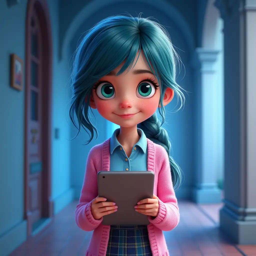 A young animated girl with blue-green hair, bright green eyes, and freckles. She is wearing a pink sweater, a blue shirt underneath, and a plaid skirt. The girl is holding a tablet in her hands and appears to be standing in an indoor setting with a bluish ambiance, possibly a corridor or a room with arches in the background.