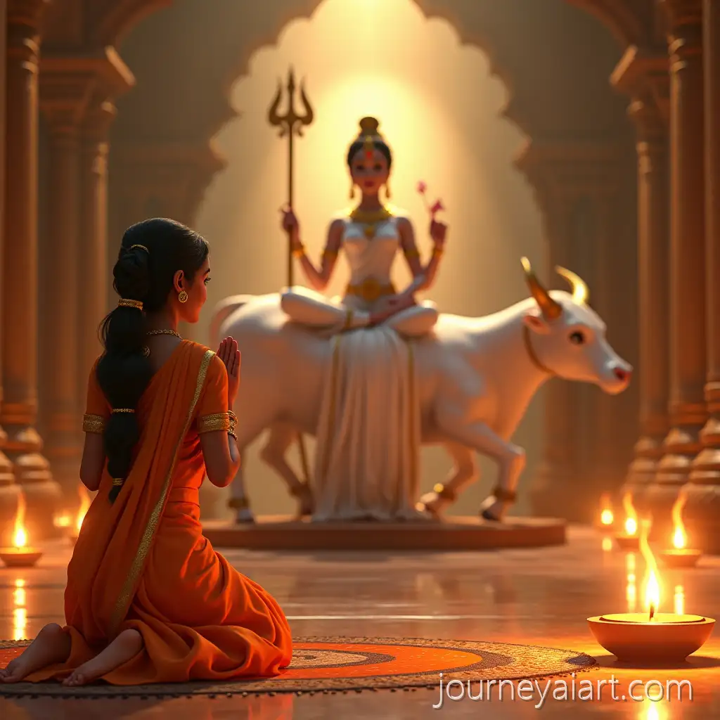 Graceful-Indian-Lady-in-Prayer-with-GoddessIndian-lady-praying-to-goddess-Shailaputri-in-Temple-Setting