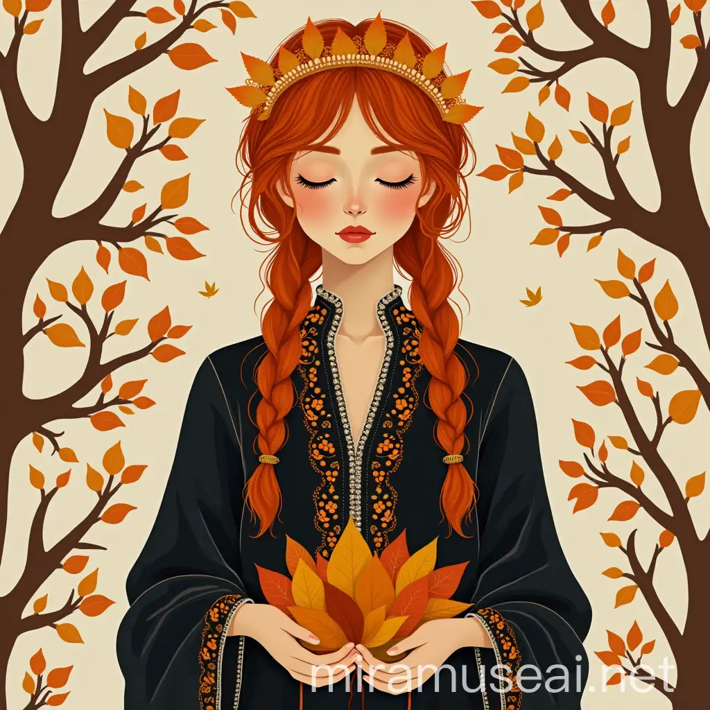 Elegant Autumn Woman with Leaf Crown and Detailed Folk Art Background