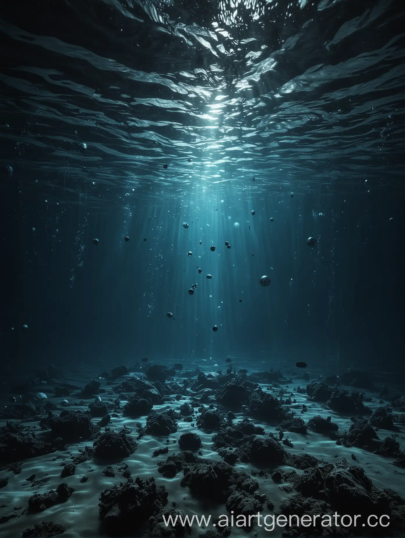 Underwater seafloor in blue and dark tones, with mysterious glowing objects in the background. Light water ripples, bubbles, and a sense of deep ocean. The atmosphere is mysterious, with soft, eerie music.