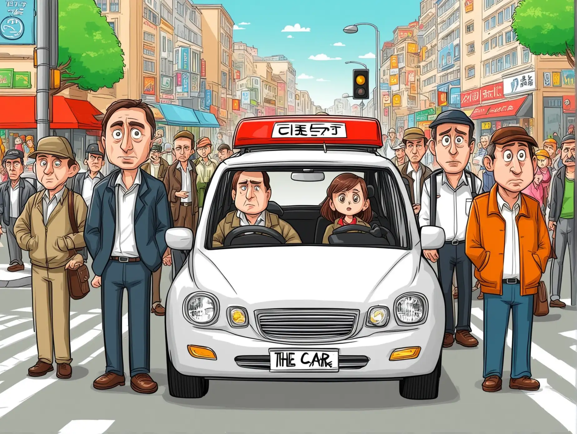 Cartoon Scene with Curious Car Driver and Pedestrians