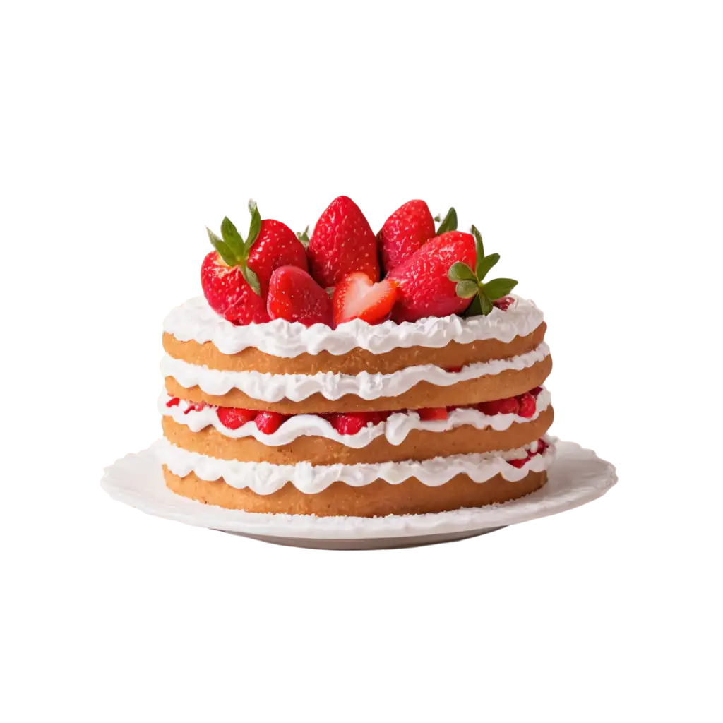 A romantic cake with heart decorations, topped with strawberries and whipped cream