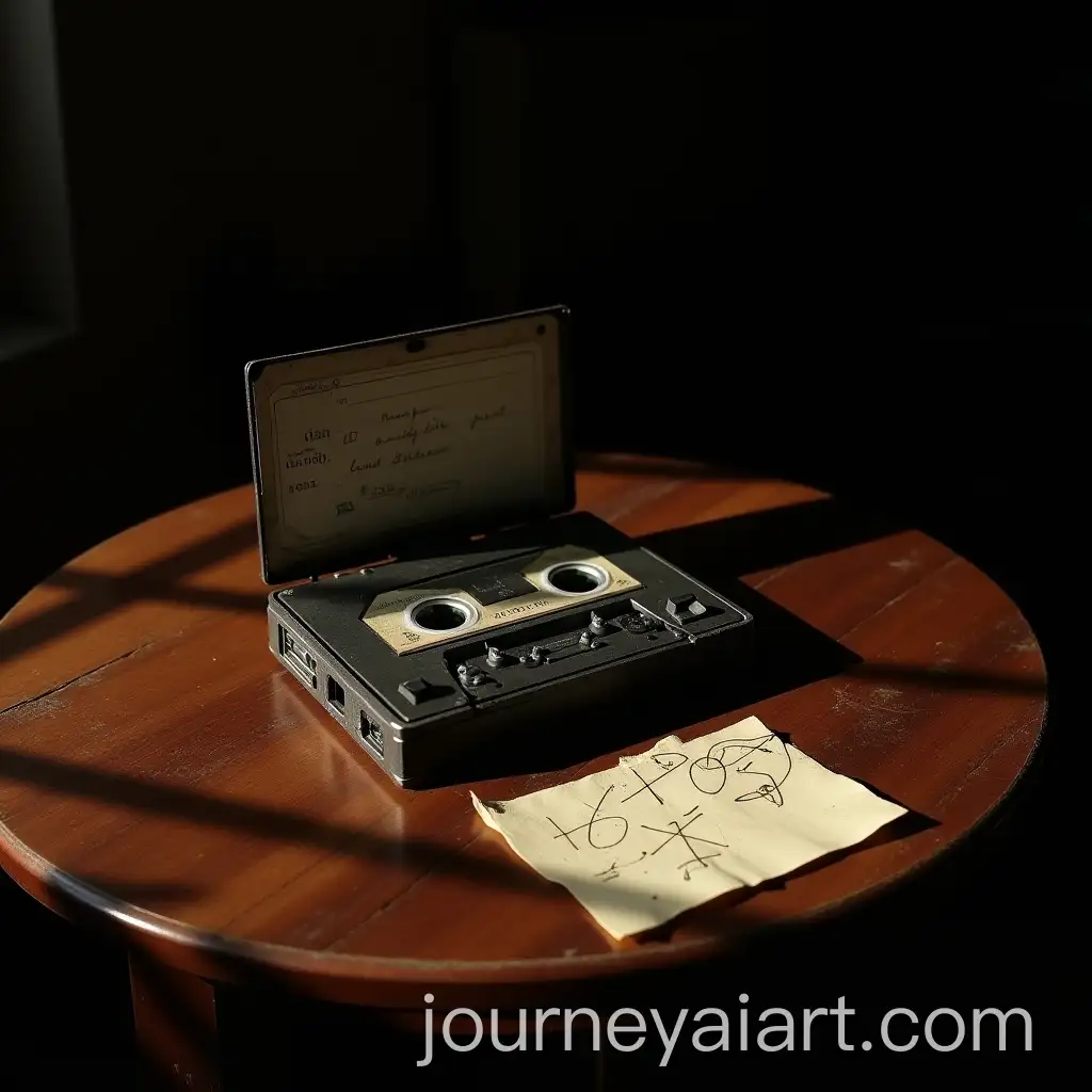 Old-Cassette-Recorder-with-Tape-and-Mysterious-Note-on-Wooden-Table