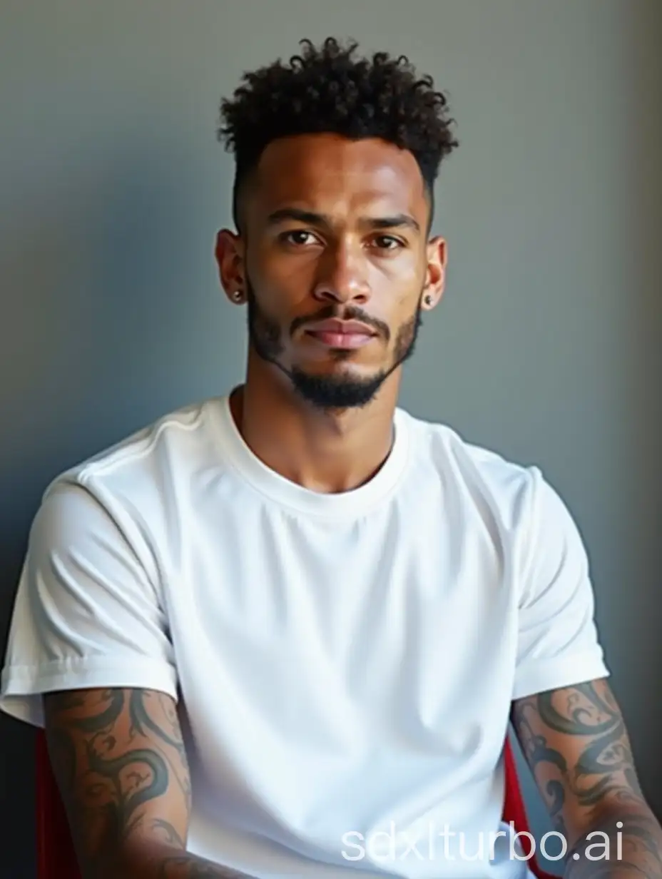 A football superstar Neymar Jr, very short curly hair, Sitting on a chair wearing white shirt, facing towards the camera, gray wall background, Middle shot