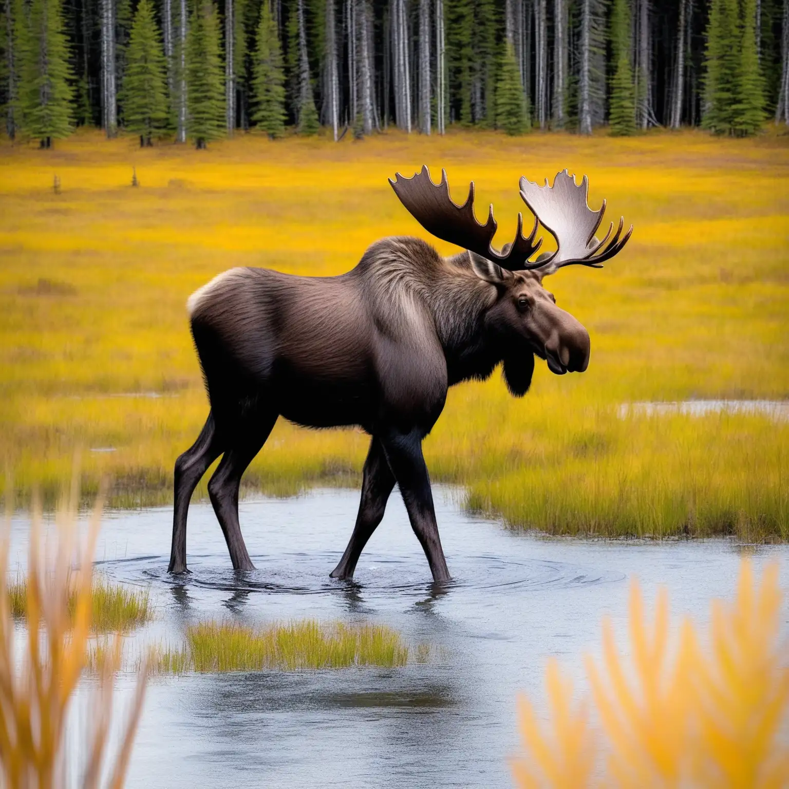 Majestic Moose Walking in a Tranquil Pond