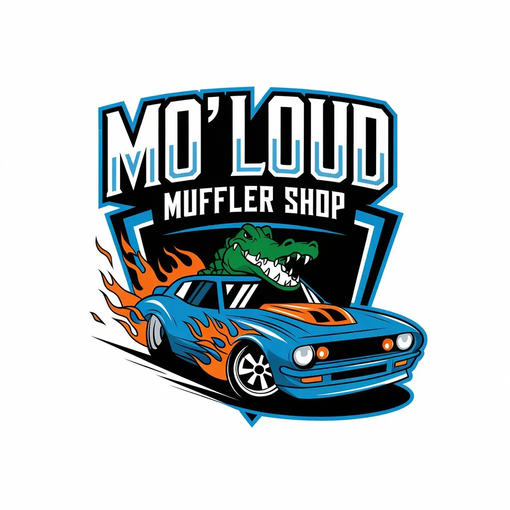 LOGO Design for Mo Loud Muffler Shop Alligator Driving Drift Car with Flames Theme