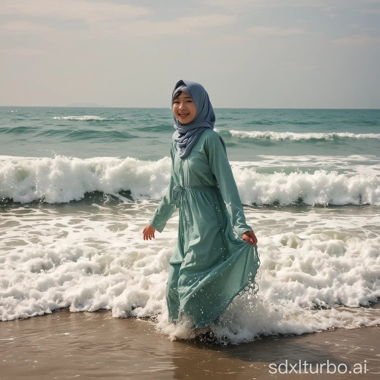 Teen-Girl-in-Hijab-Enjoying-Ocean-Waves