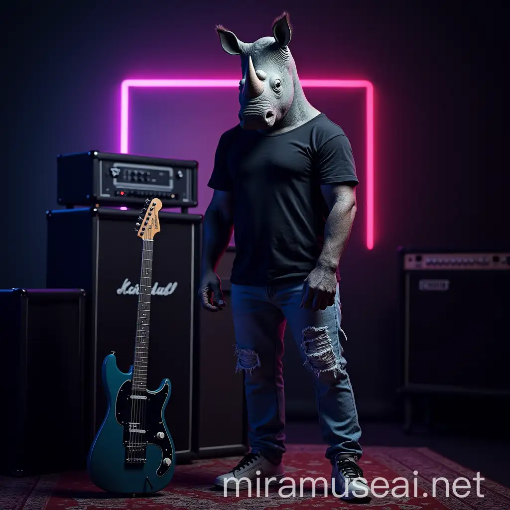 Rhino Musician Standing by Guitar Amplifier in Neonlit Setting